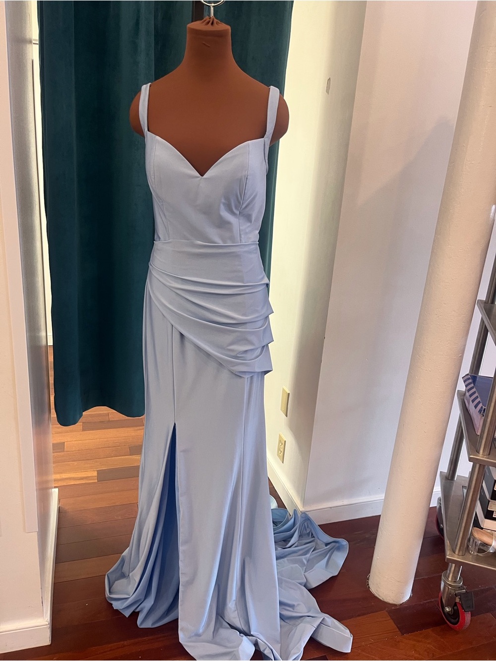 Portia and Scarlett Light Blue Draped Prom Gown